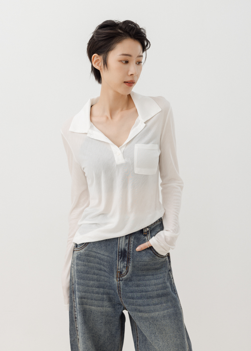 純天絲翻領透膚長袖上衣