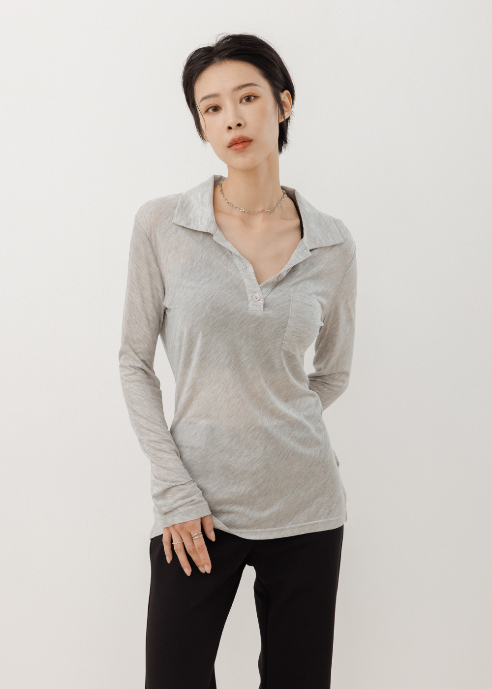 純天絲翻領透膚長袖上衣