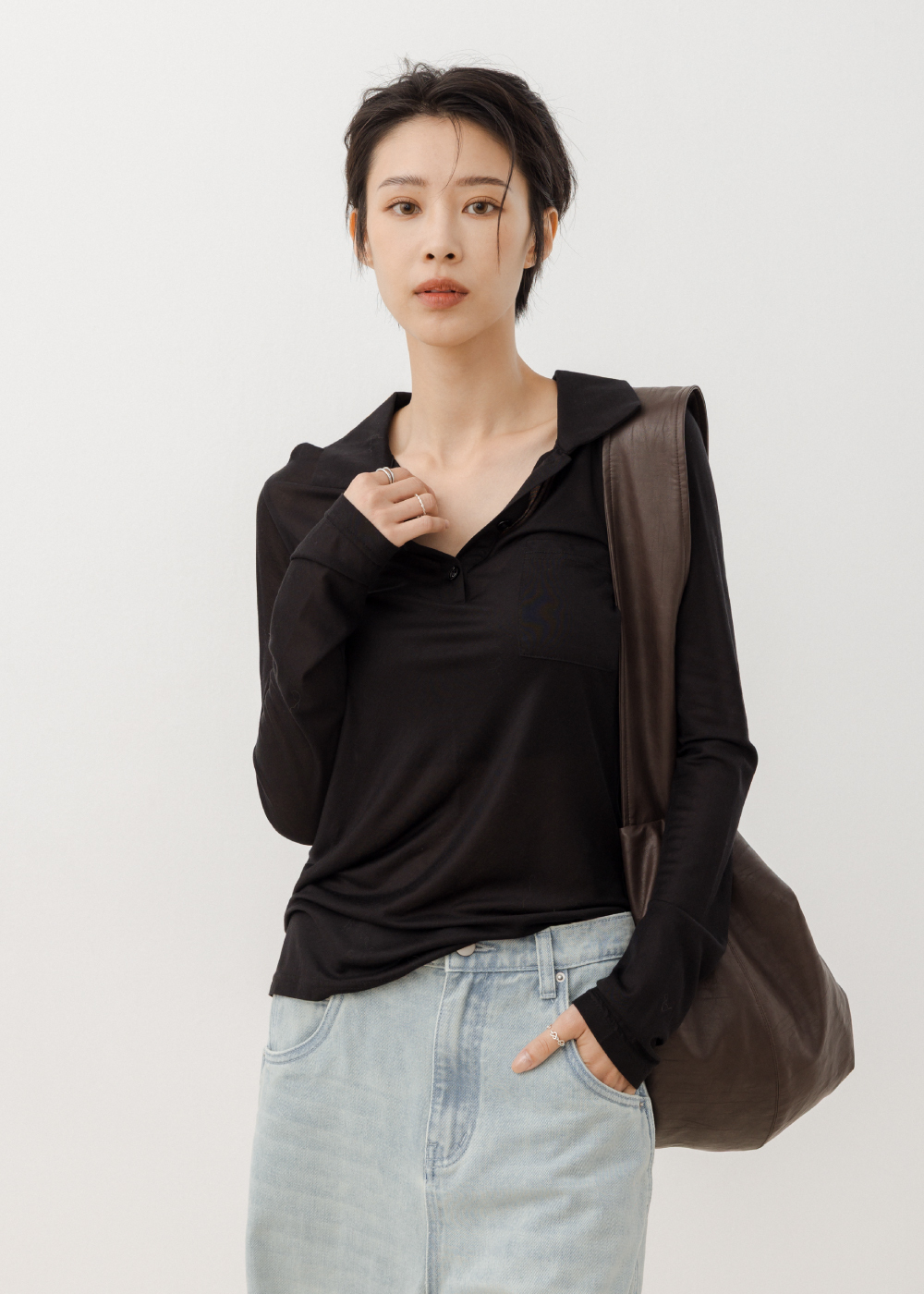 純天絲翻領透膚長袖上衣