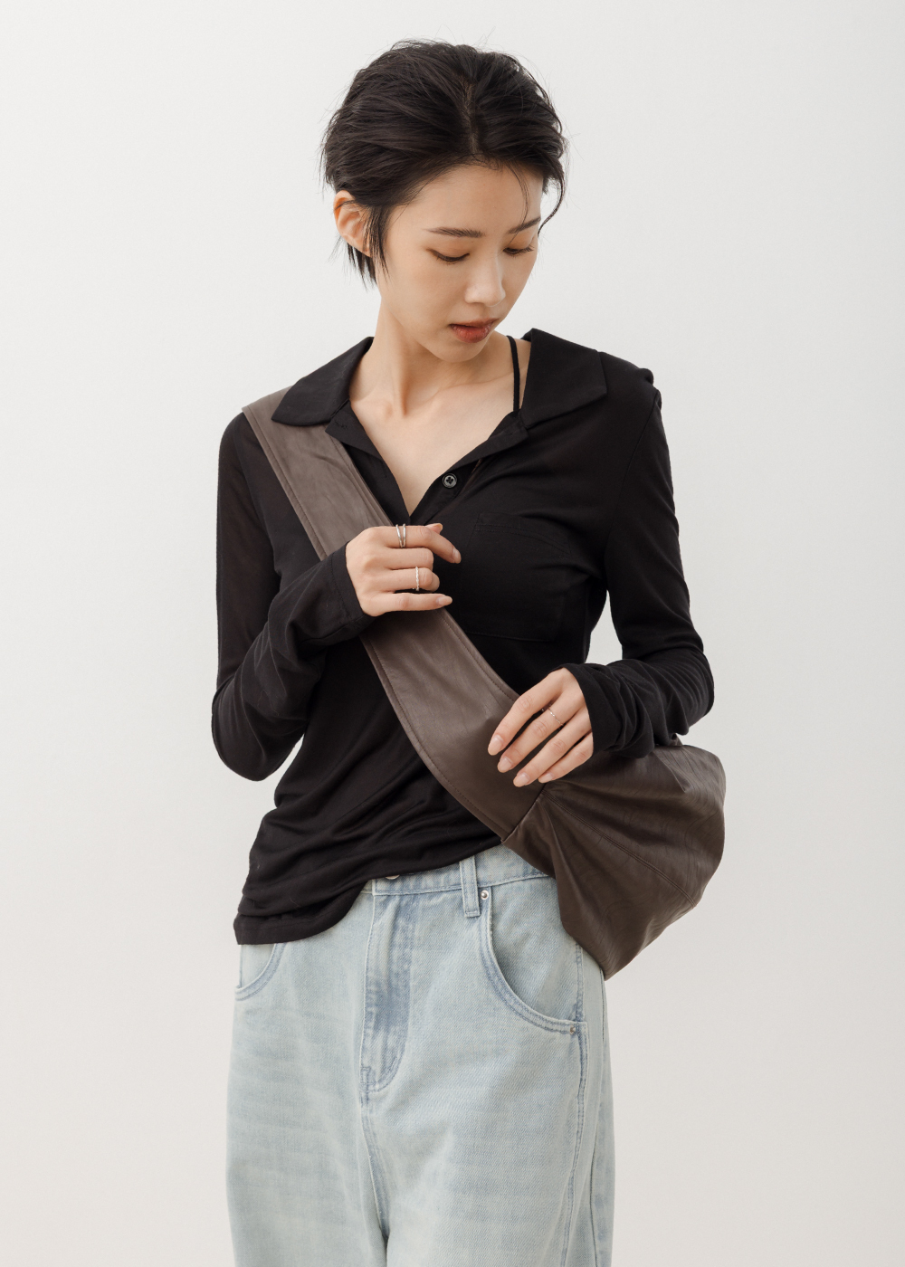 純天絲翻領透膚長袖上衣