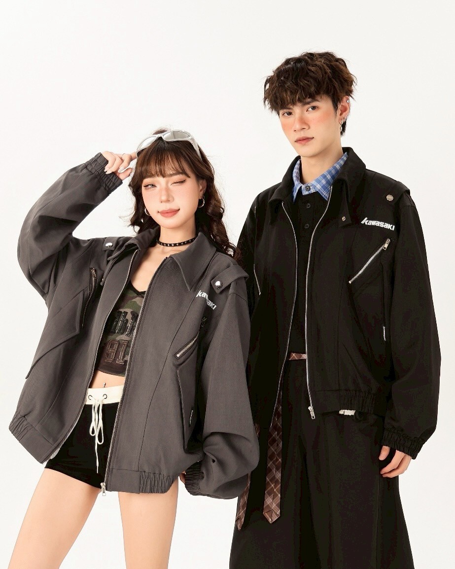 Kawasaki 飛行外套 工裝 卯釘 黑色/灰色