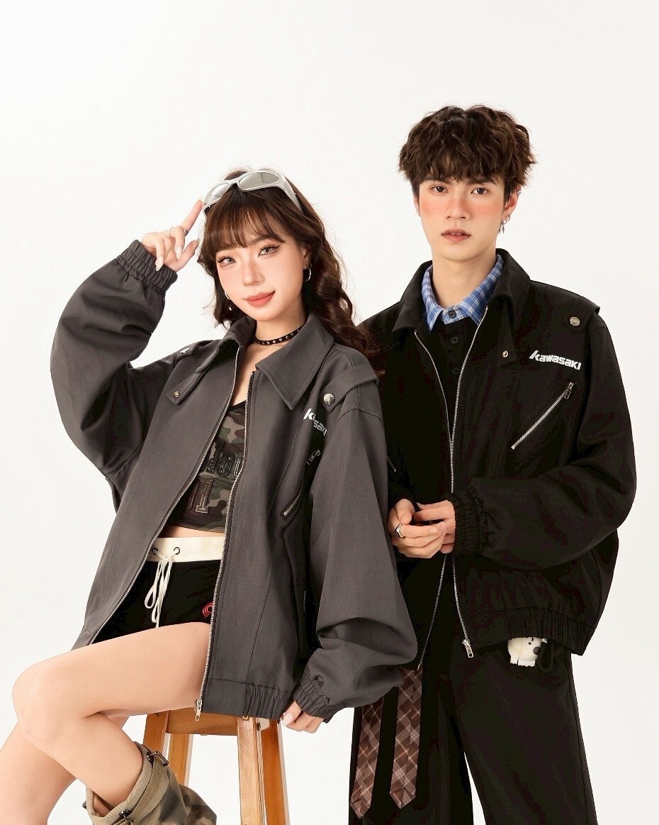 Kawasaki 飛行外套 工裝 卯釘 黑色/灰色