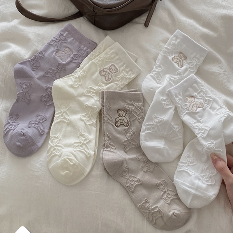 《09223》可愛小熊壓紋款短襪(6色)