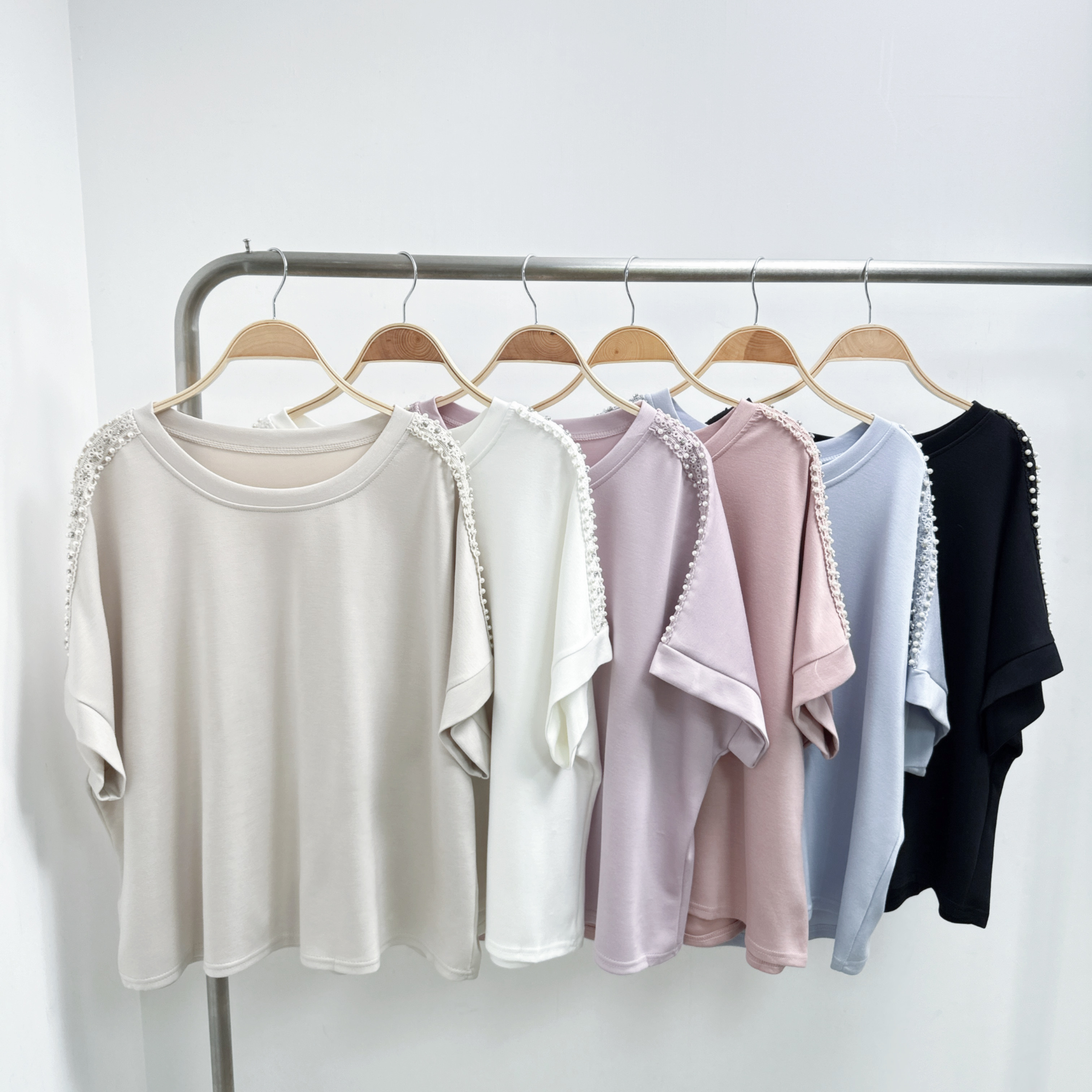 珍珠閃石綉花邊空氣感彈力棉TOP (K44-K49)