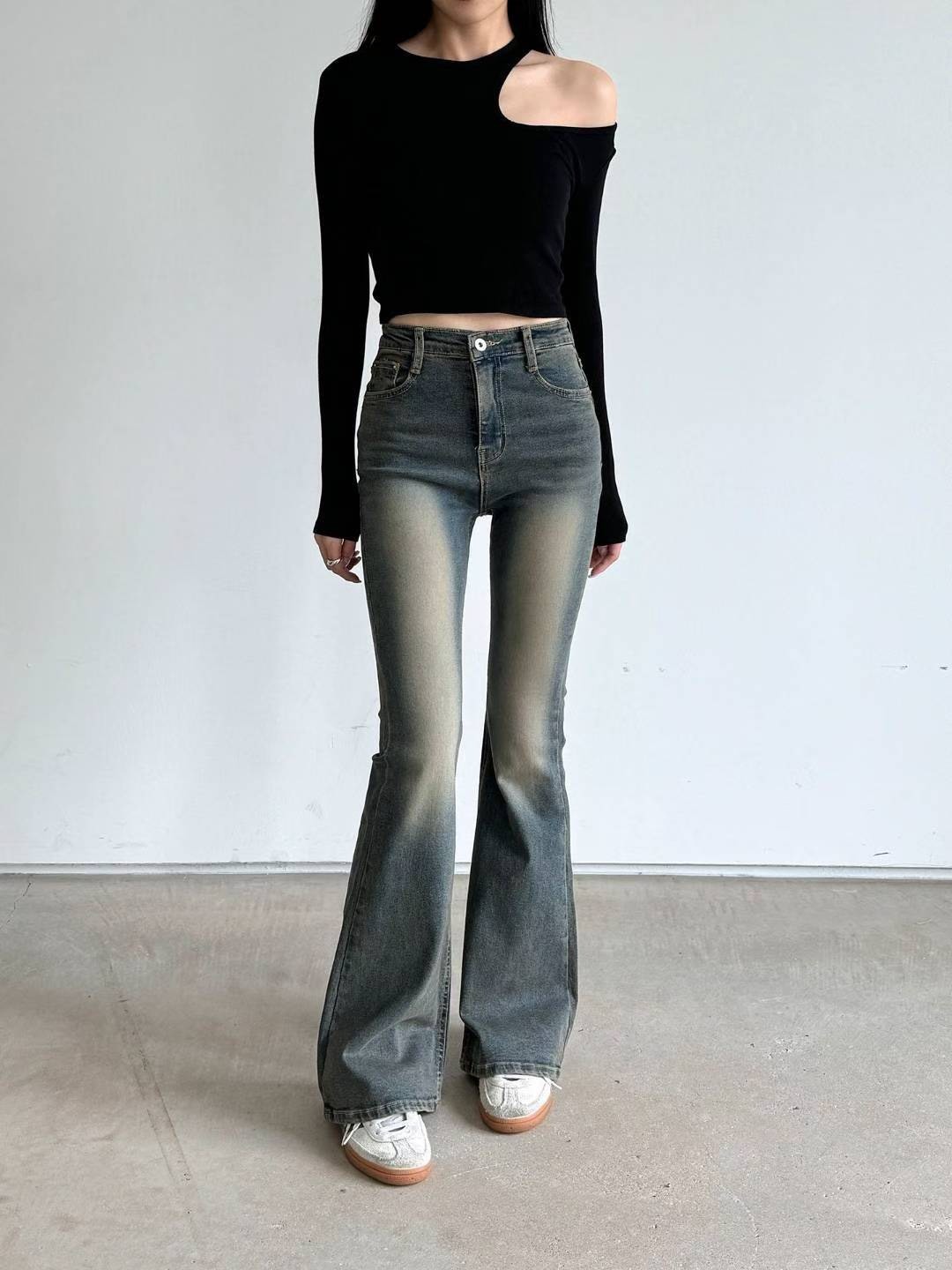 6727刷舊低腰喇叭長褲