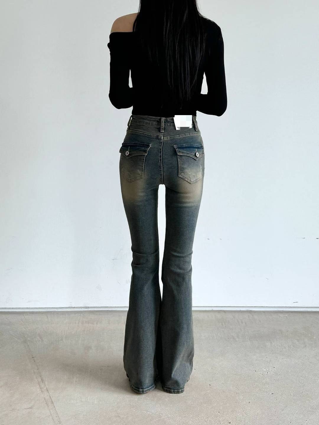 6727刷舊低腰喇叭長褲