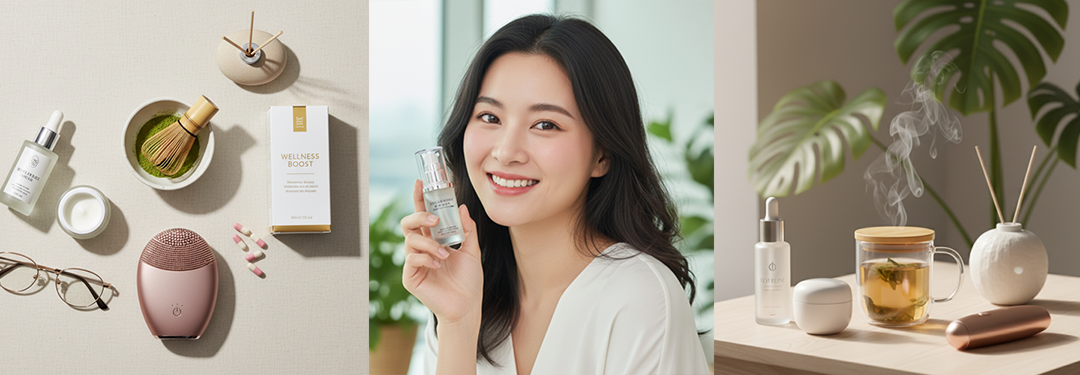 Apple Mall 質感生活拼貼圖，展示美容儀、保健品、一位微笑女性手持護膚精華，以及一杯熱茶與香氛的舒適場景。