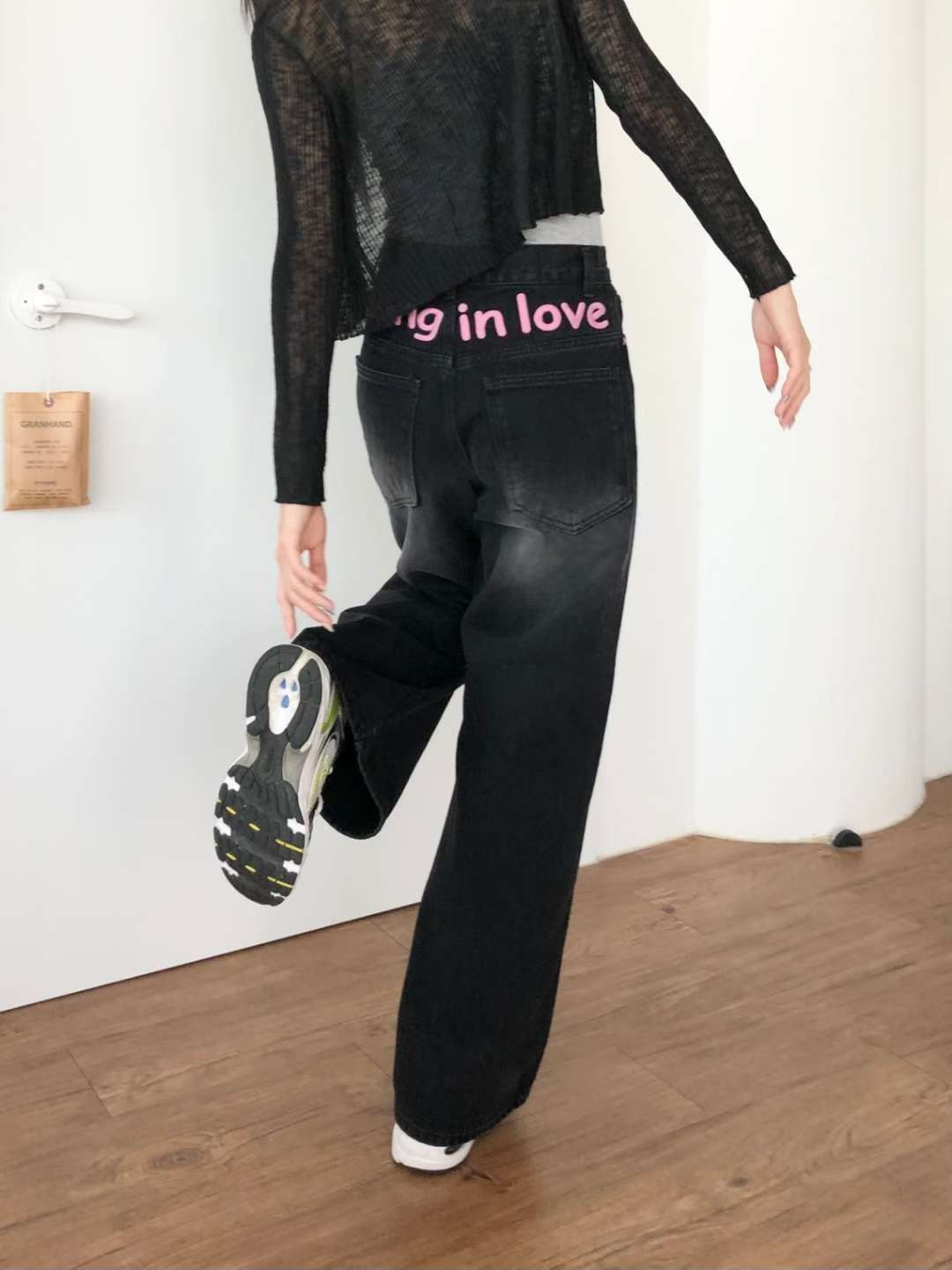 730粉字牛仔長褲