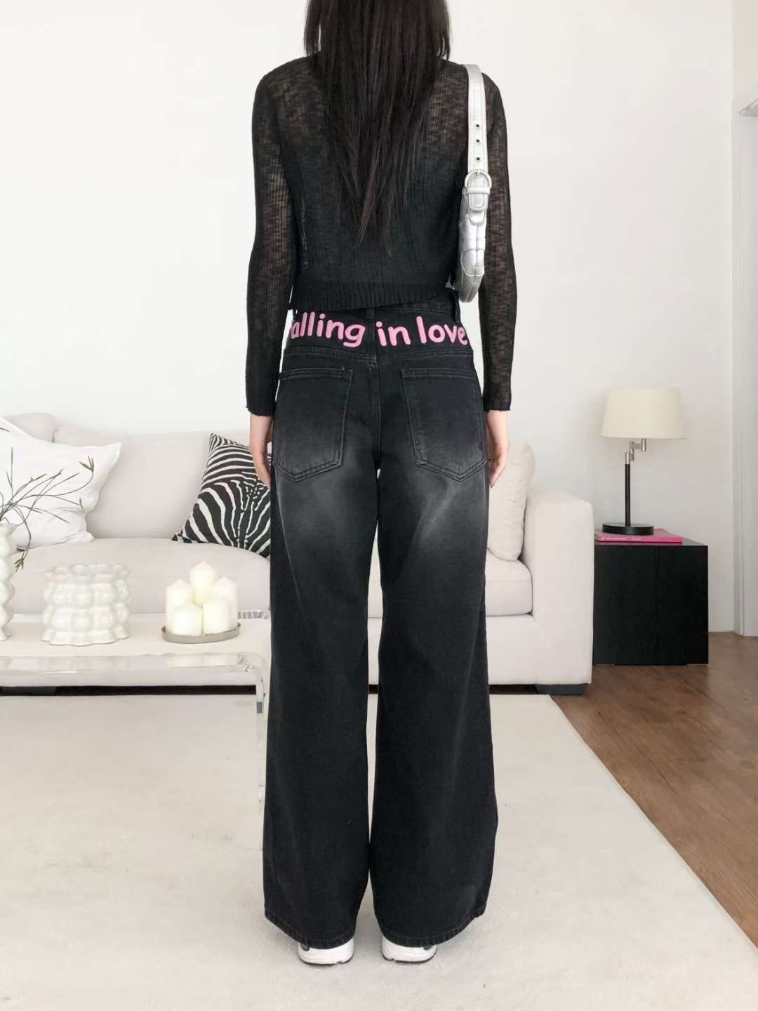 730粉字牛仔長褲