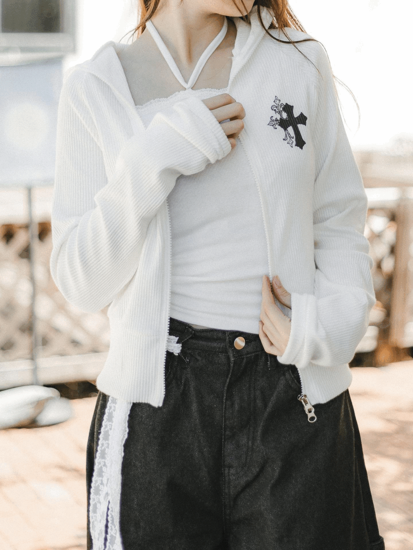 直紋雙十字架翻領外套