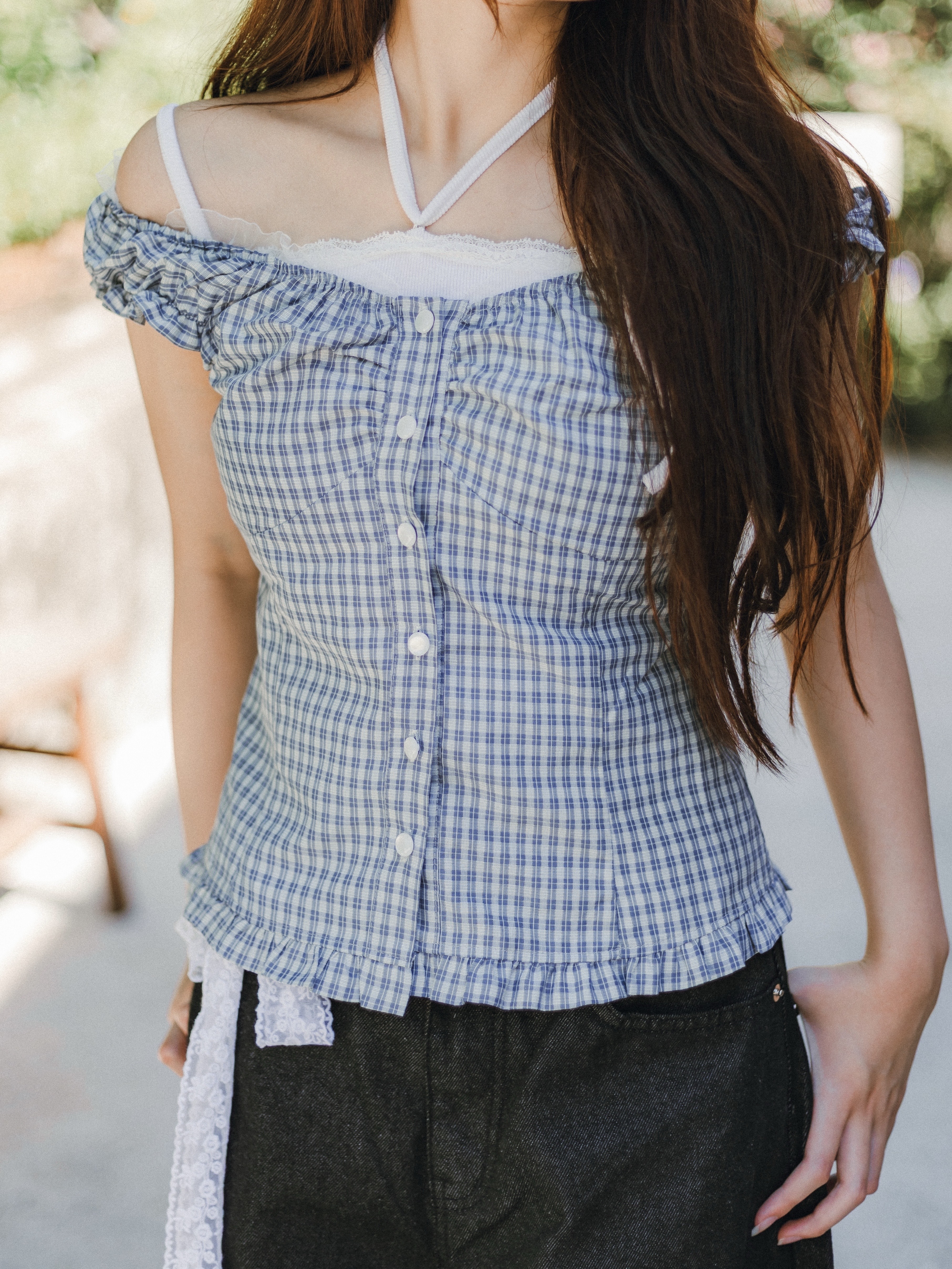 Girly格紋網紗邊上衣