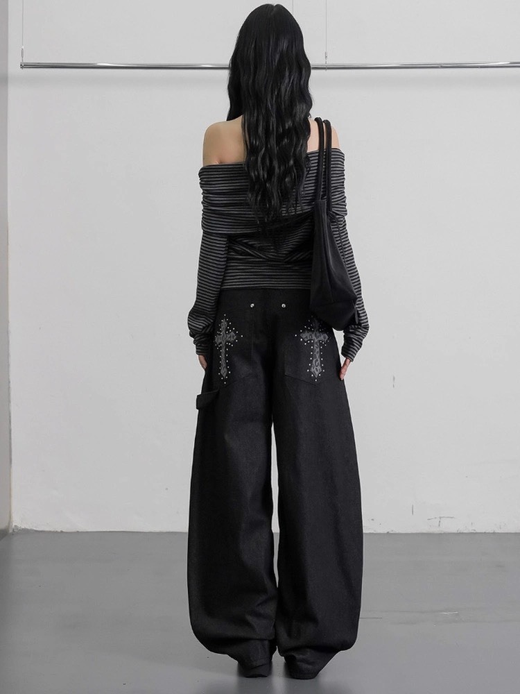 1619豹紋十字架牛仔垮褲