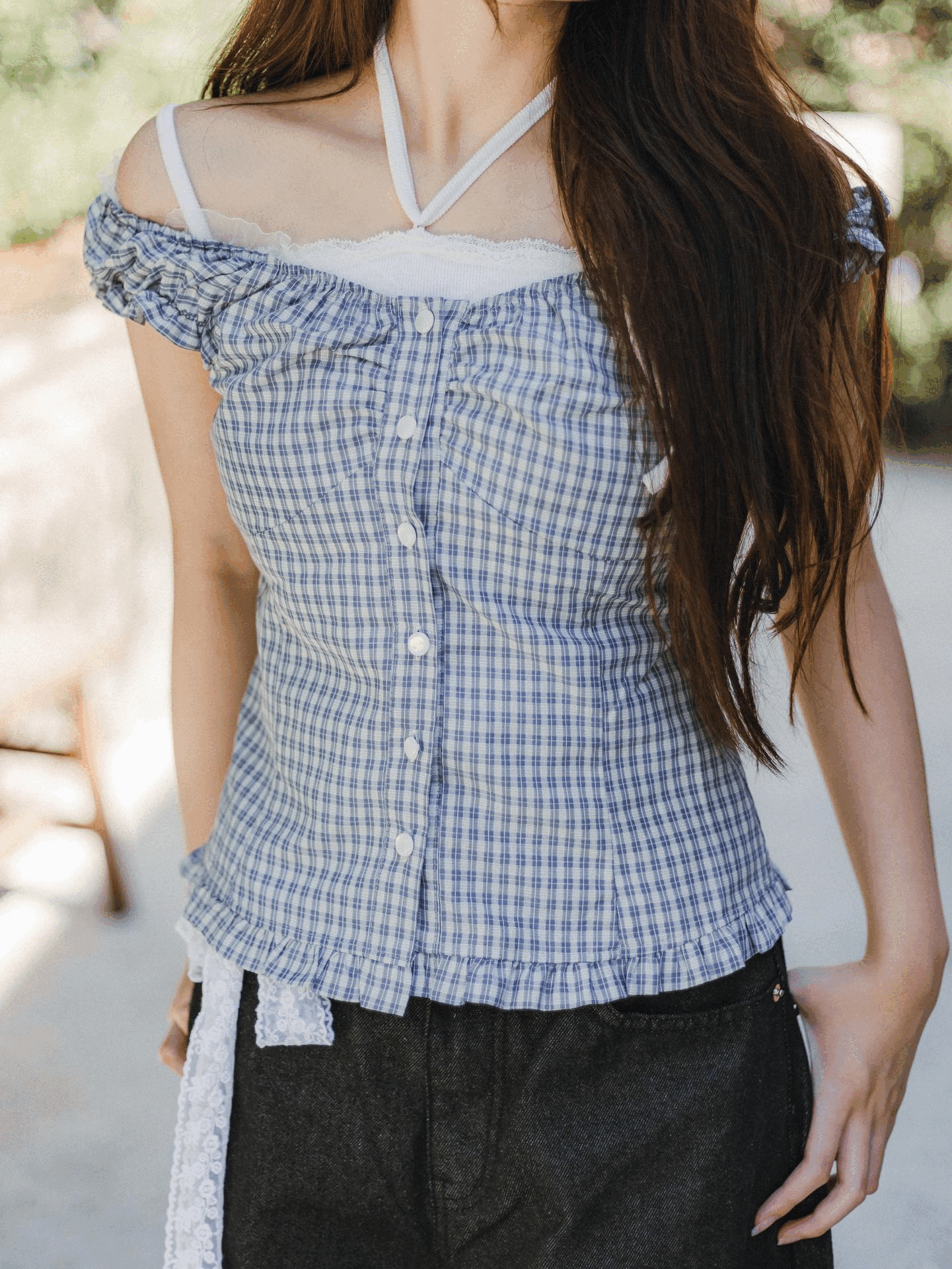 Girly格紋網紗邊上衣