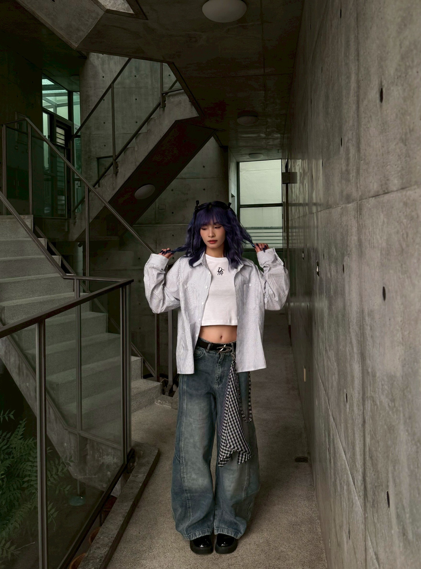 (GOAL)美式復古水洗闊腿彎刀褲 附絲巾 ERHU 25016