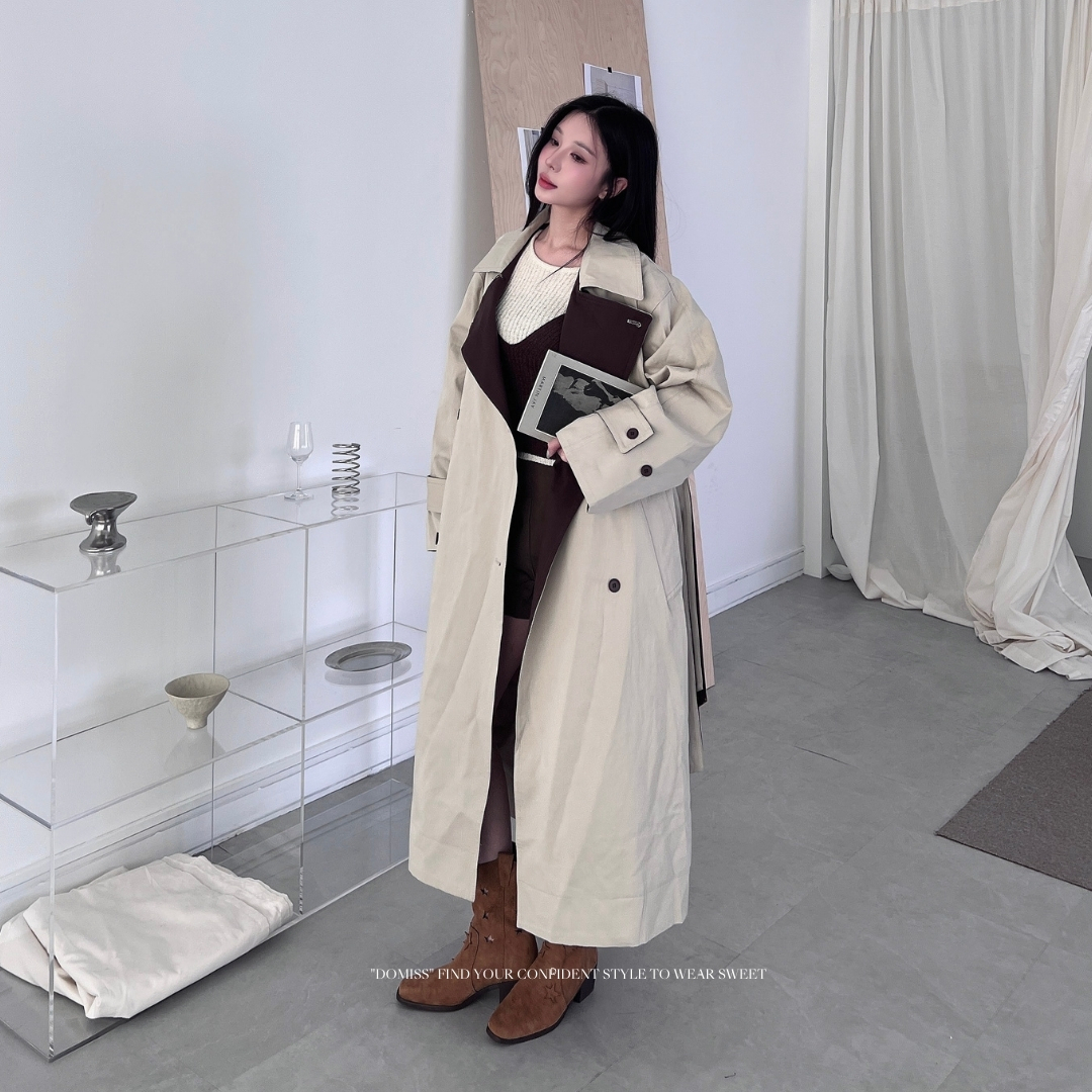 【拼接雙領風衣外套】DOMISS長版秋冬氛圍款 風衣外套 大衣