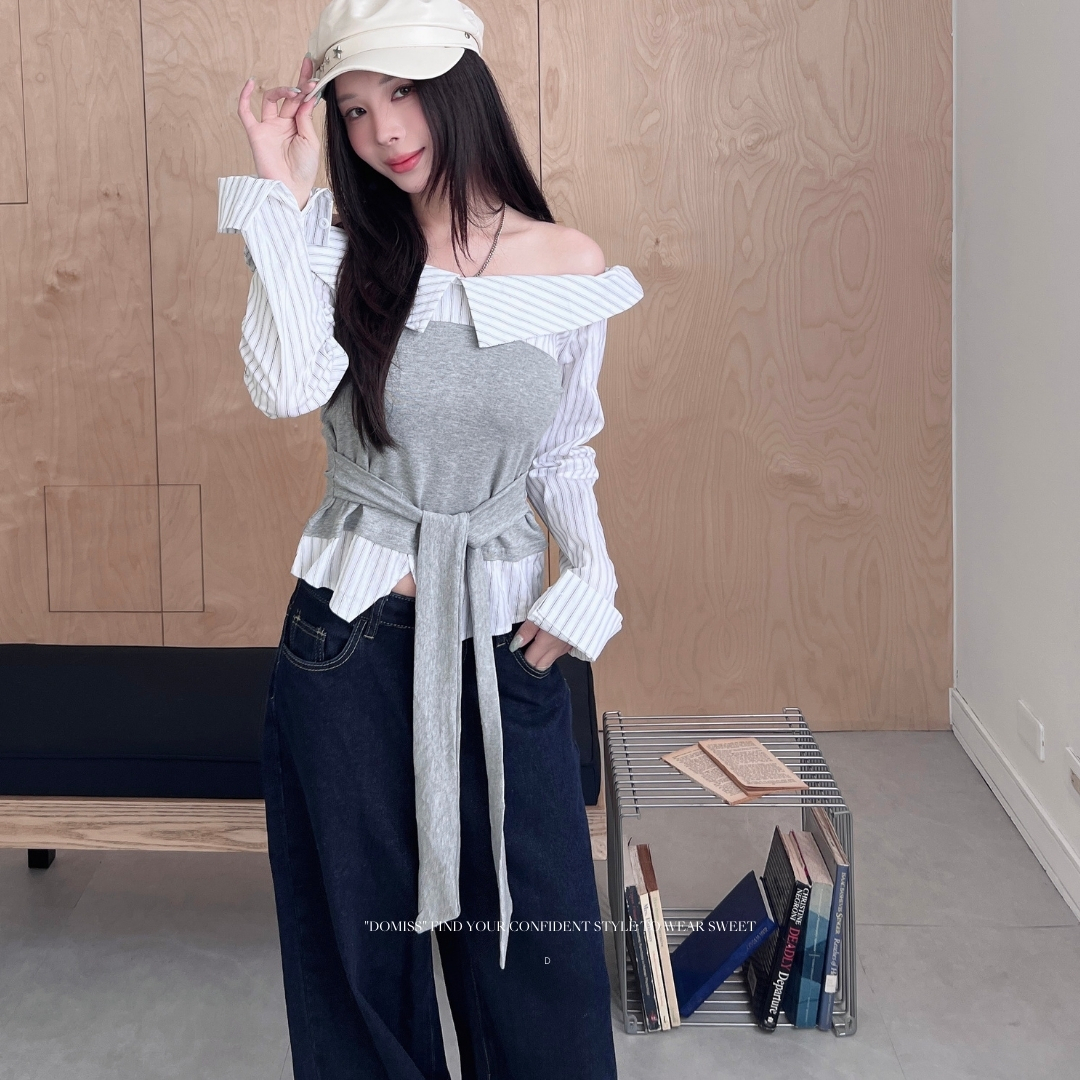 【時尚拼接】DOMISS設計感露肩上衣 假兩件 綁帶 條紋襯衫-2色(現貨)