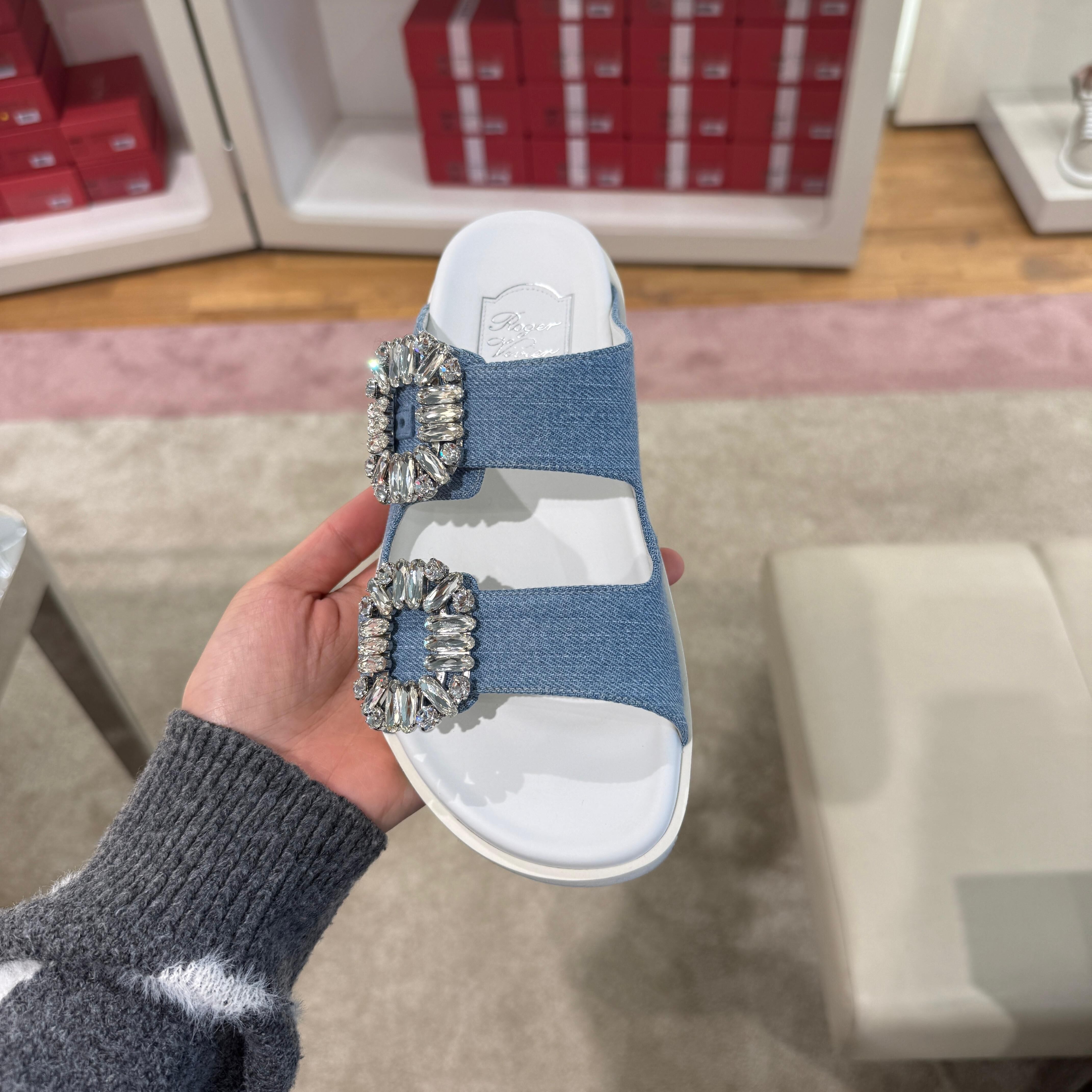 Roger Vivier RV slide viv strass denim slides mules blue