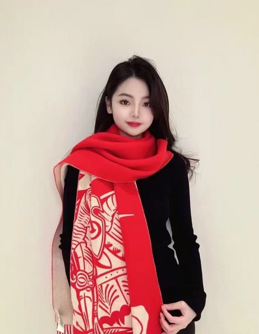 Burberry MU EKD Jacquard Cashmere Scarf Red 210*45