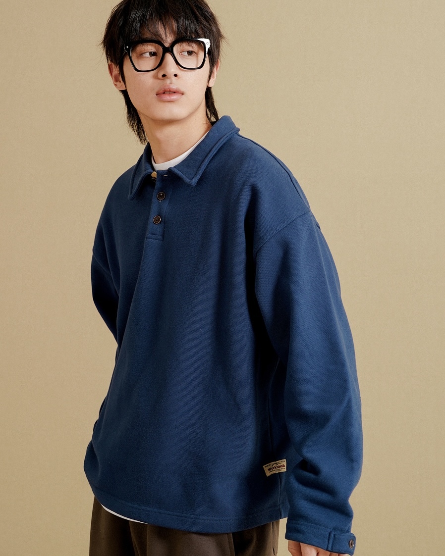 <預購> 韓國WV PROJECT 復古感高磅素色翻領無縮口大學T