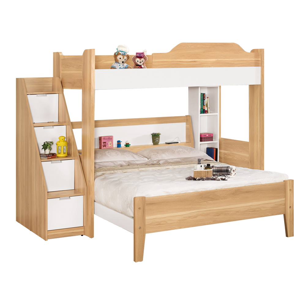 貝爾3.5尺單人多功能雙層床組(3.5尺高架床+5尺床架+樓梯櫃+收納櫃)