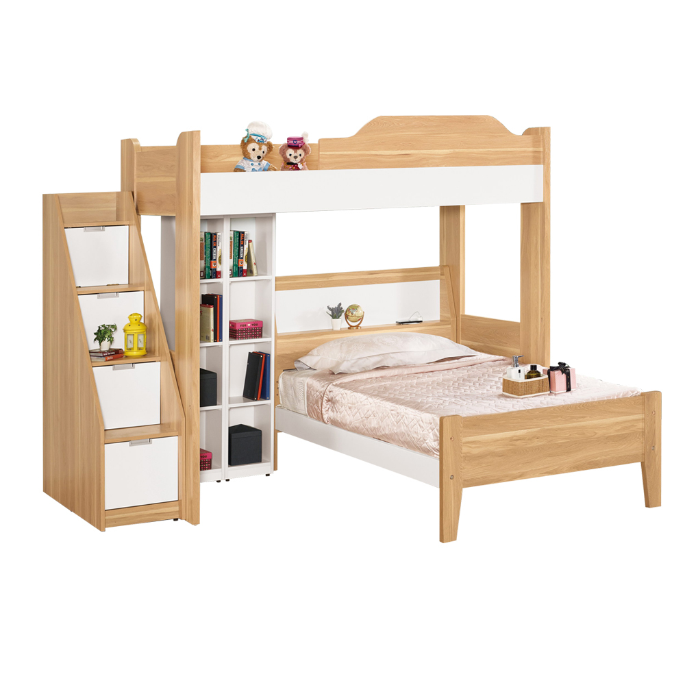 貝爾3.5尺單人多功能雙層床組(3.5尺高架床+3.5尺床架+樓梯櫃+收納櫃)