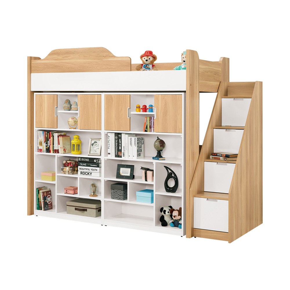 貝爾3.5尺單人多功能高層床組(床架+樓梯櫃+開門書櫃)