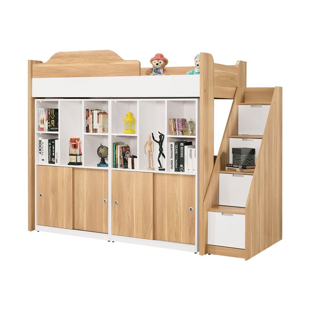 貝爾3.5尺單人多功能高層床組(床架+樓梯櫃+推門書櫃)