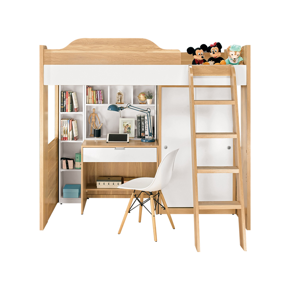 貝爾3.5尺單人多功能高層床組(床架+收納櫃+書桌+衣櫃)