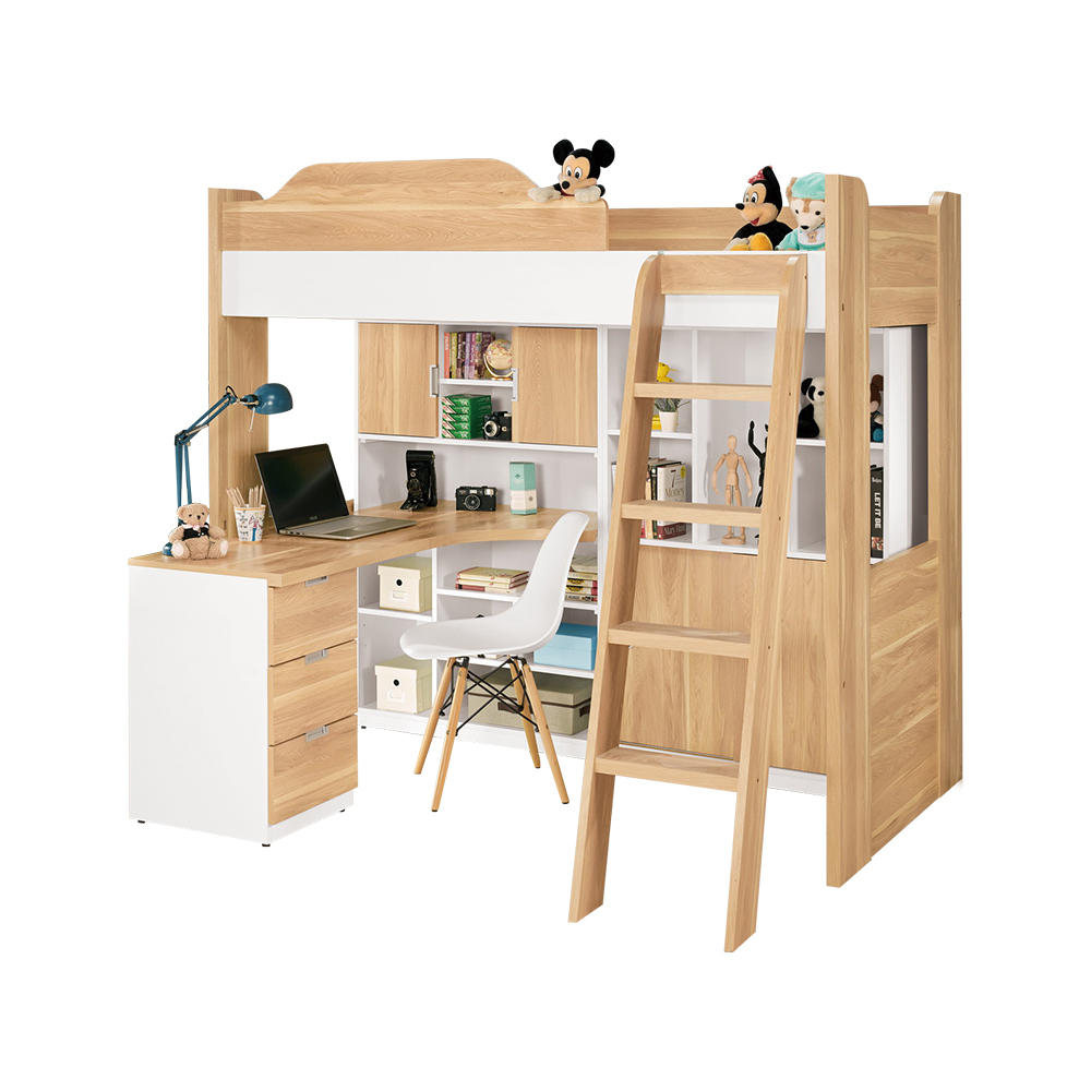 貝爾3.5尺單人多功能高層床組(床架+L型書桌+推門書櫃)