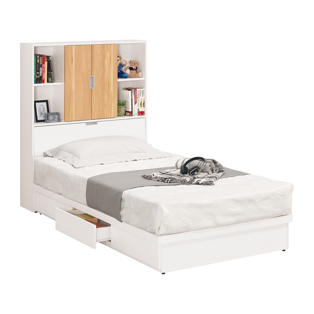 貝爾3.5尺多功能收納單人床組(書架型床頭箱+抽屜床底)