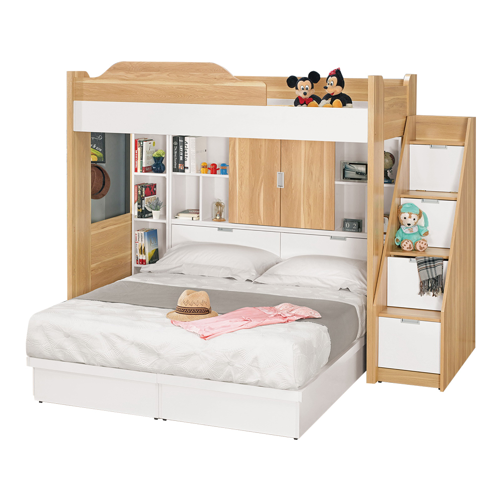 貝爾3.5尺+5尺多功能雙層床組(單人床架+雙人床組+樓梯櫃+收納櫃)