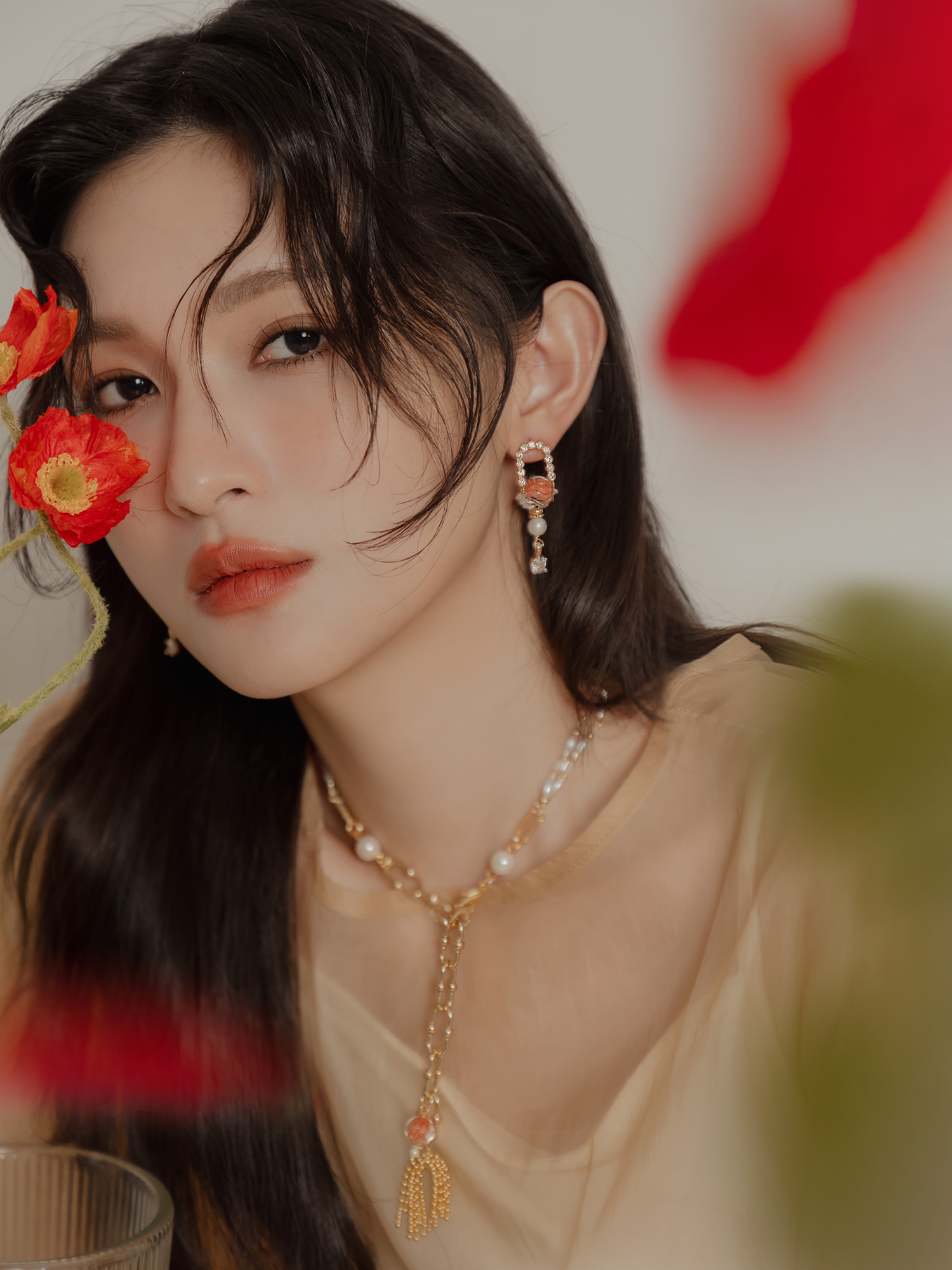 金魚嚮往。MUCHAT手作14KGP鋯石琉璃珠純銀針耳環