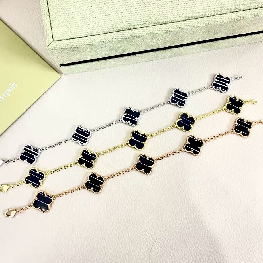 18k”限定脈紋黑瑪瑙五花中號四葉草手鍊