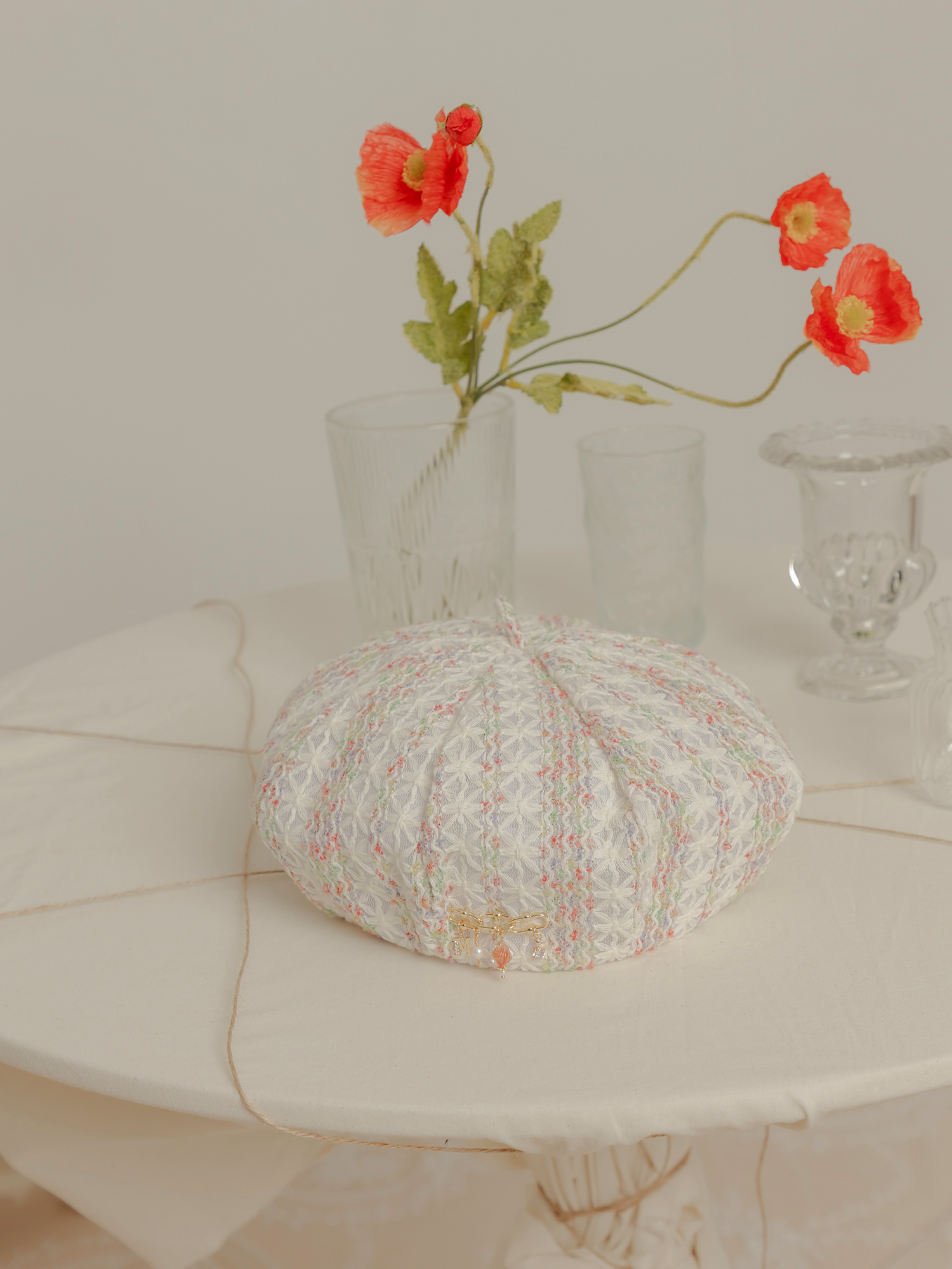 藝術油畫派。MUCHAT手作琉璃珠彩色編織貝蕾帽