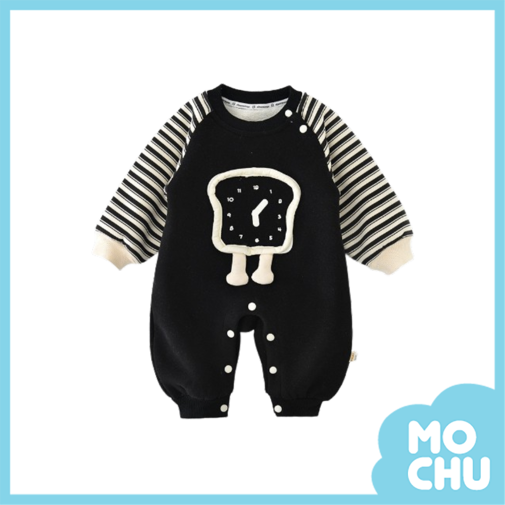 條紋鬧鐘加絨長袖連身衣