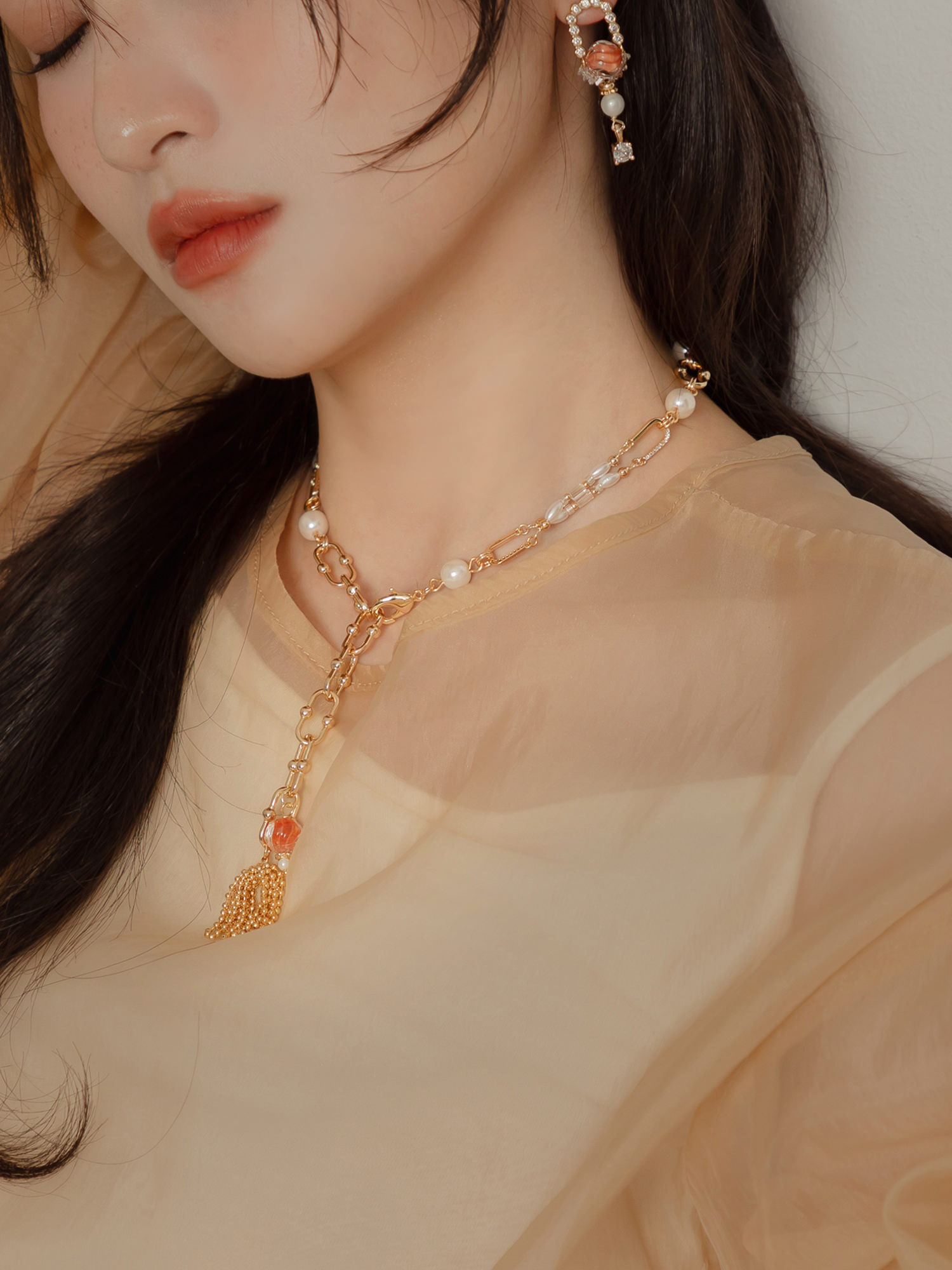 金魚嚮往。MUCHAT手作14KGP鋯石琉璃珍珠項鍊