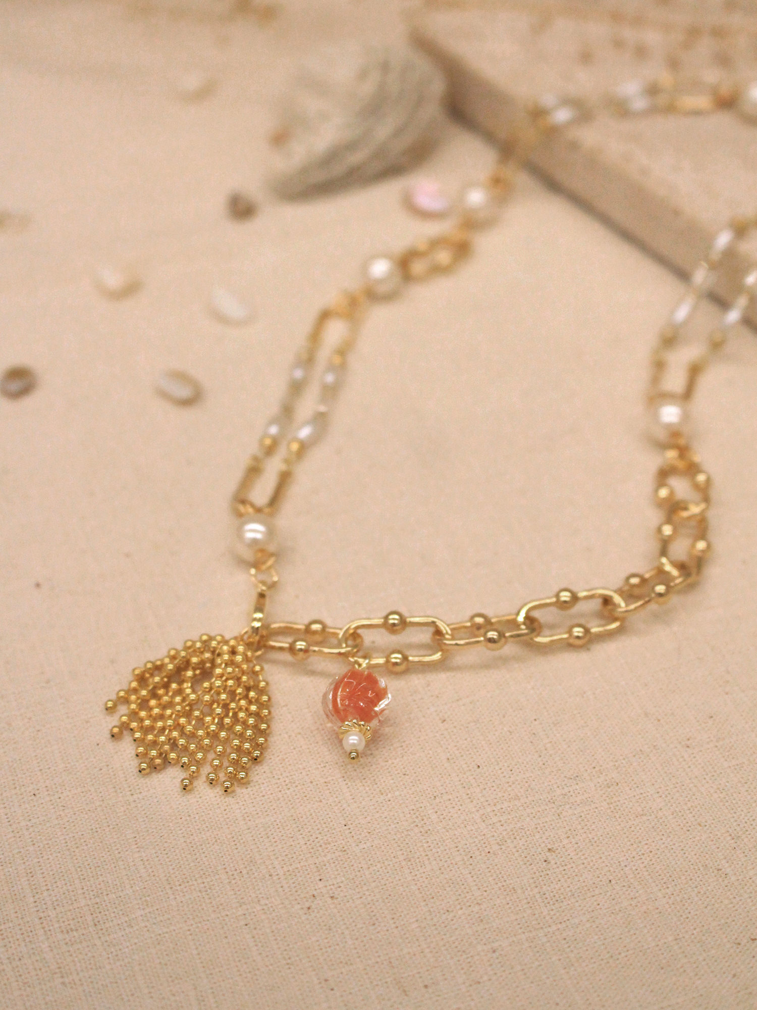 金魚嚮往。MUCHAT手作14KGP鋯石琉璃珍珠項鍊