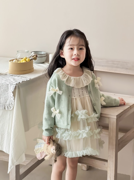 BYB09SE104GN 柔和湖水色拼布紗紗裙連外套套裝