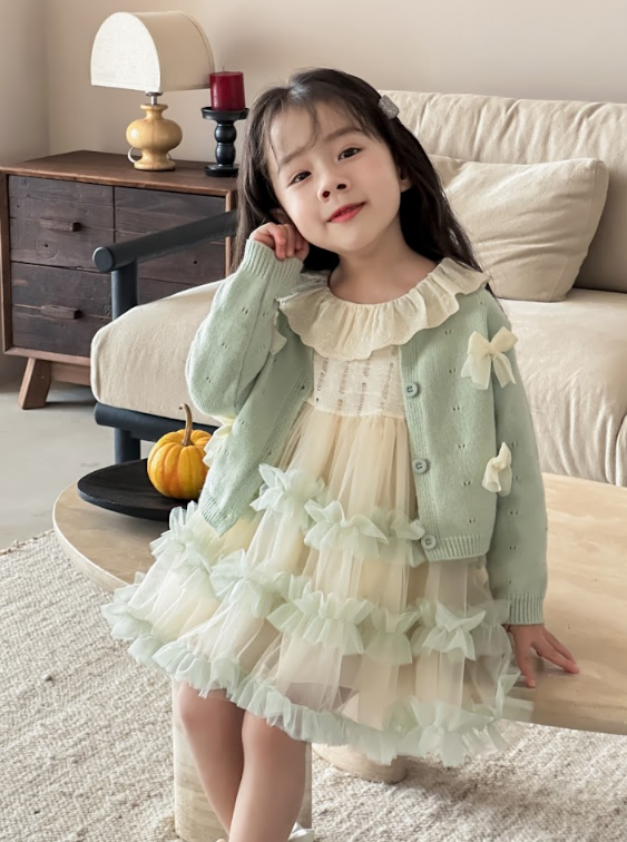 BYB09SE104GN 柔和湖水色拼布紗紗裙連外套套裝