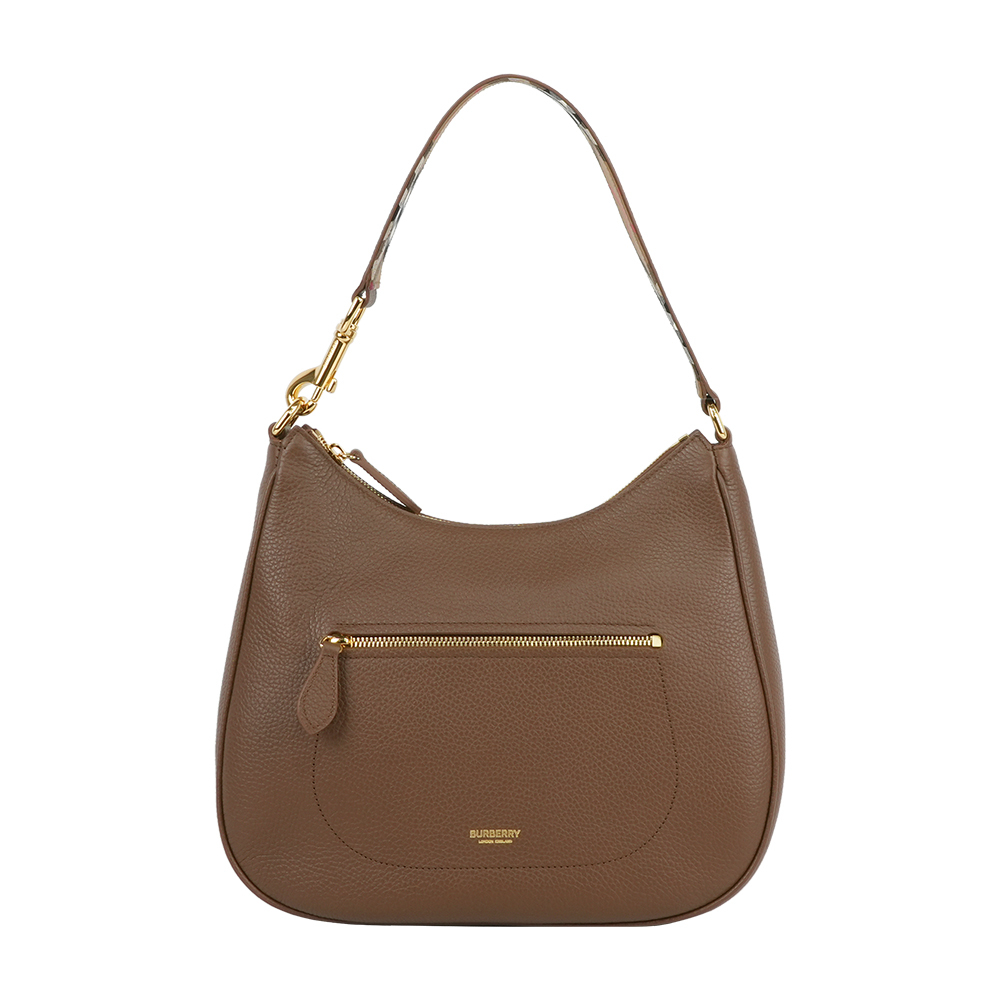 【Burberry】金字燙印Logo 牛皮拉鍊口袋肩背包/HOBO包(土棕色)