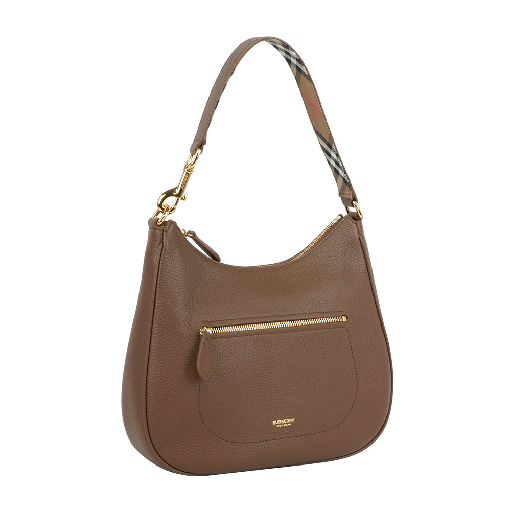 【Burberry】金字燙印Logo 牛皮拉鍊口袋肩背包/HOBO包(土棕色)