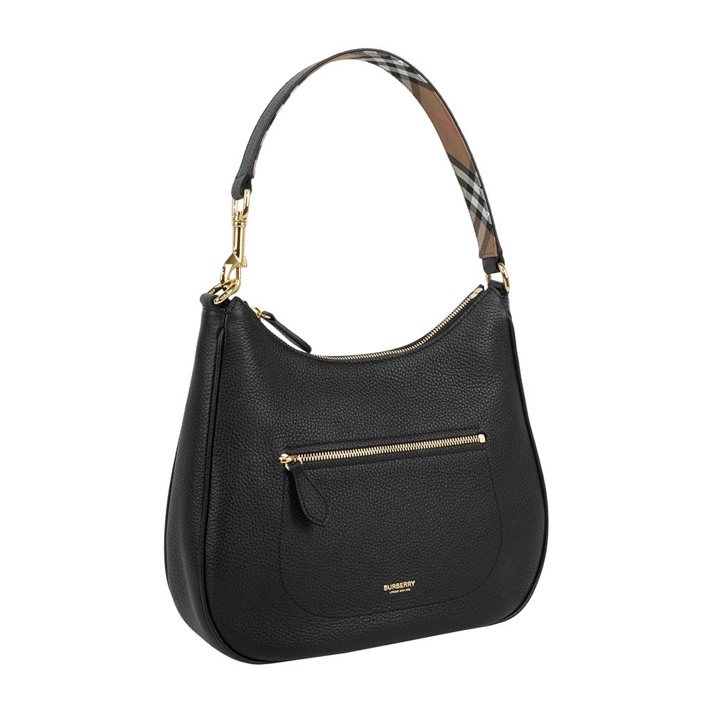 【Burberry】金字燙印Logo 牛皮拉鍊口袋肩背包/HOBO包(黑色)