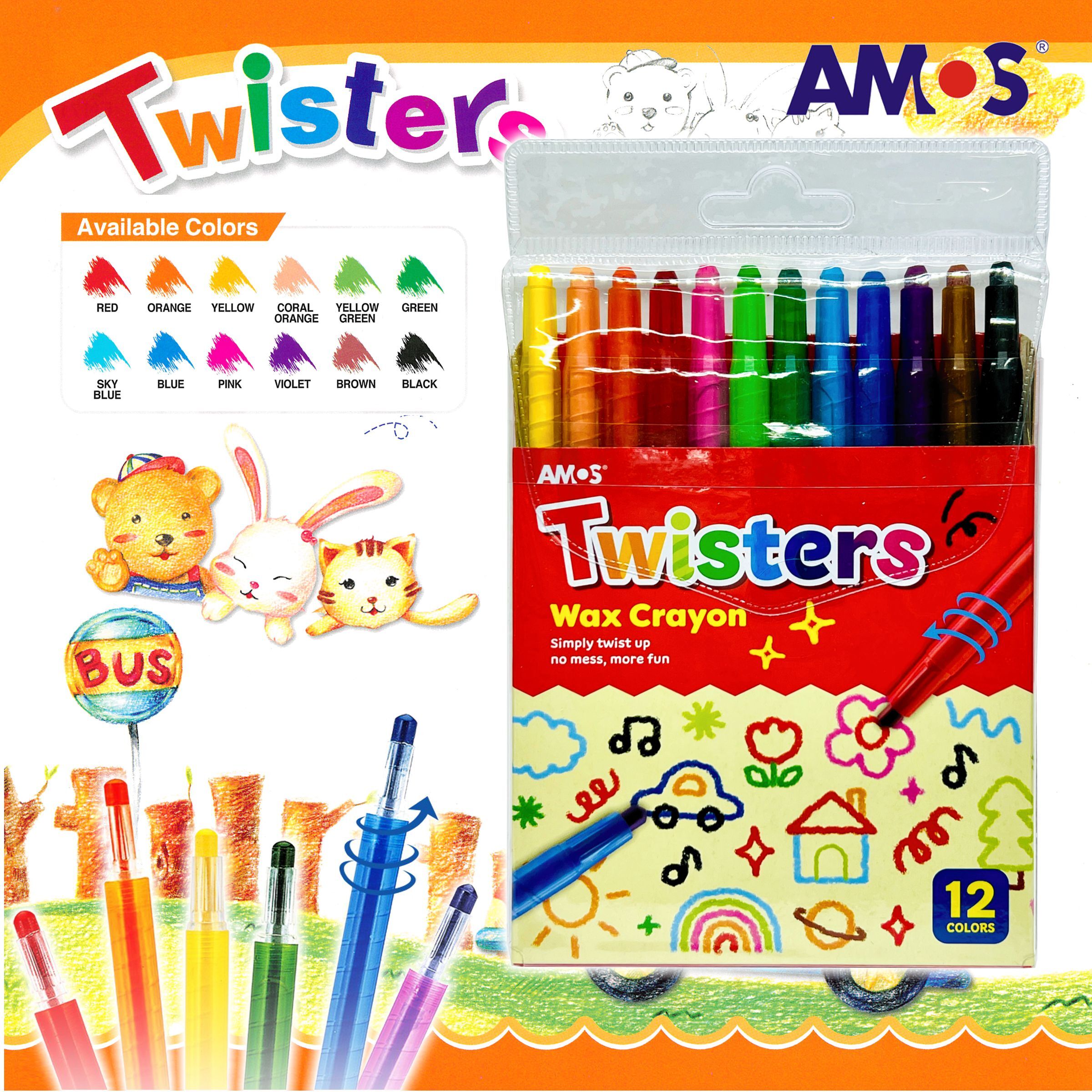 AMOS - 韓國 AMOS 鉛筆旋轉型蠟筆, 12色套裝 #RC12PST《香港行貨》- 1 套