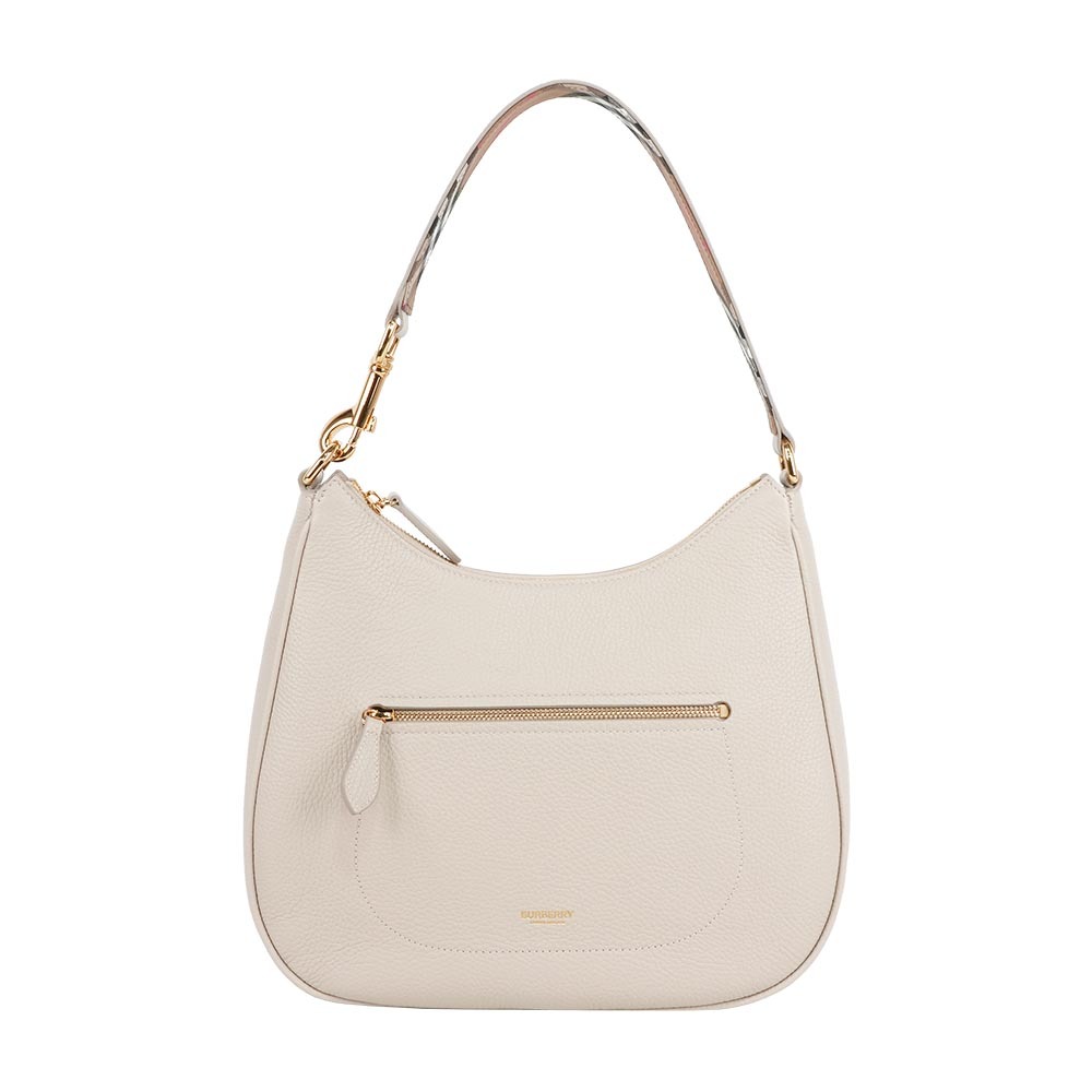 【Burberry】金字燙印Logo 牛皮拉鍊口袋肩背包/HOBO包(石灰白)