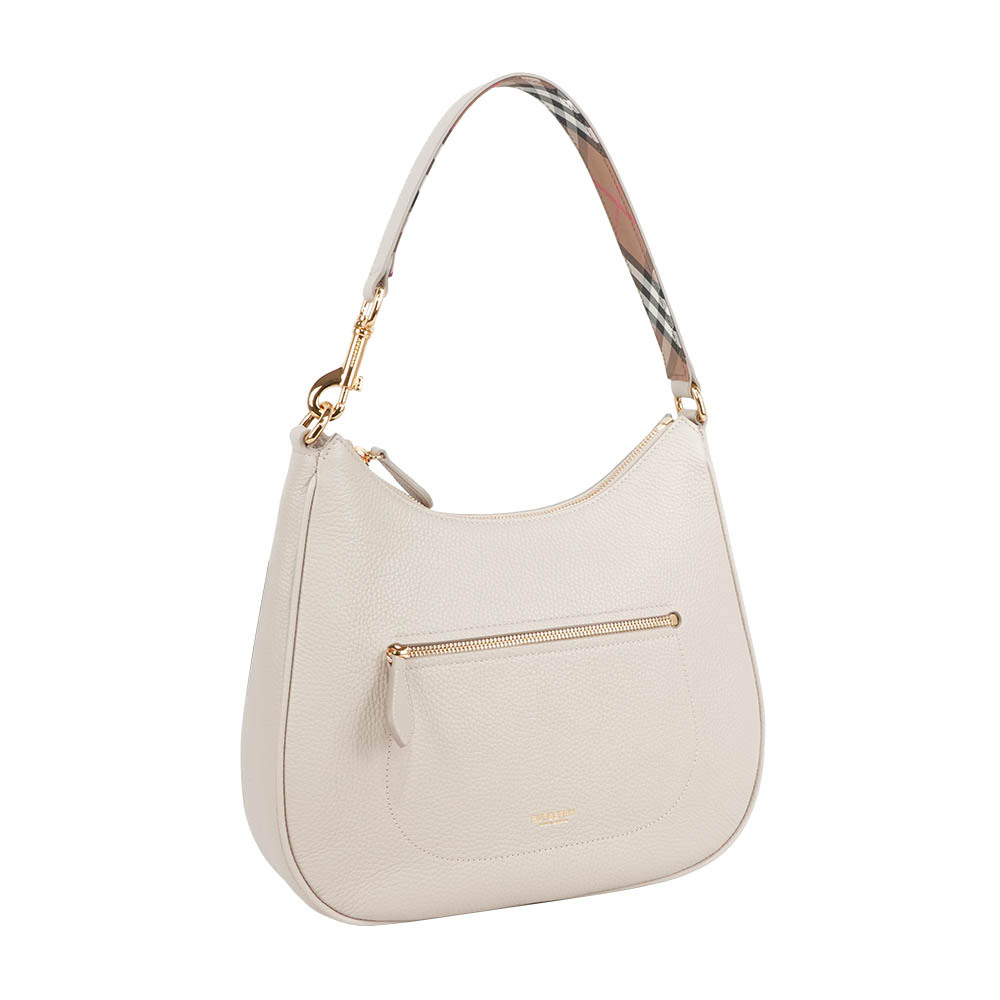 【Burberry】金字燙印Logo 牛皮拉鍊口袋肩背包/HOBO包(石灰白)