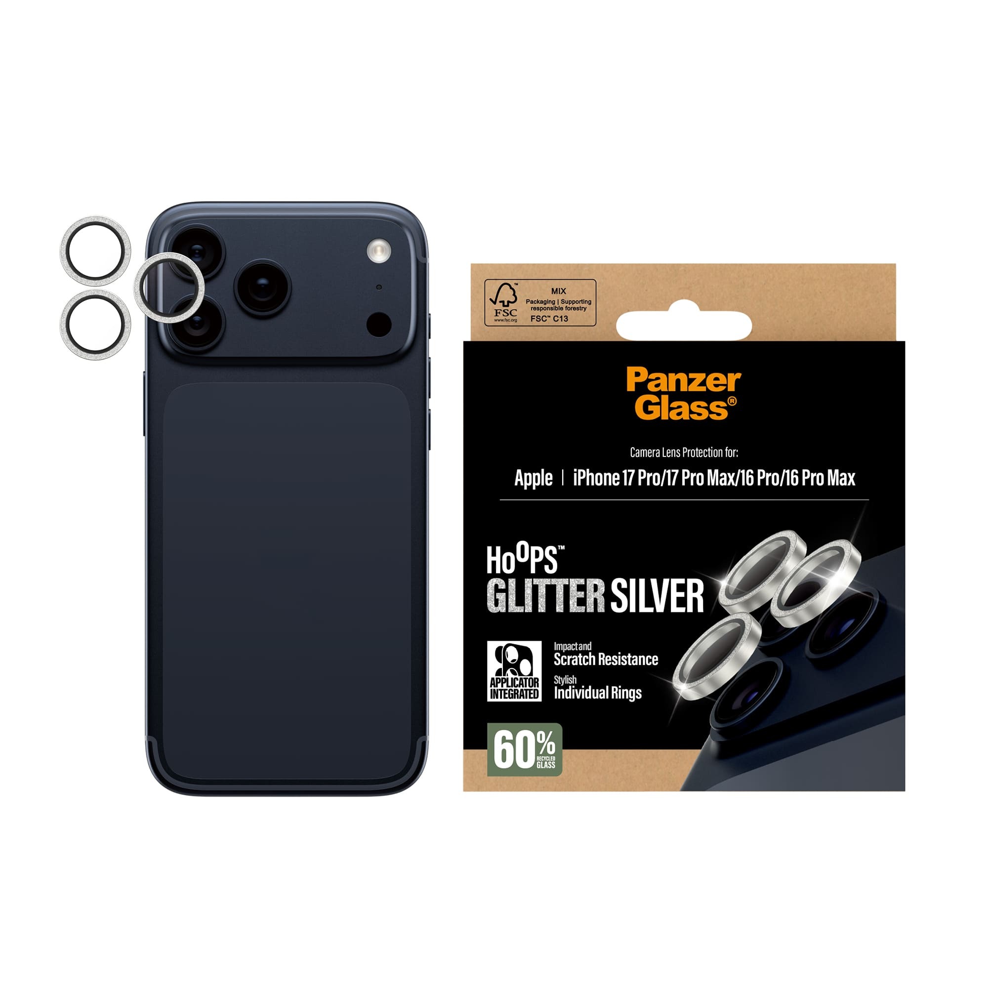 Panzerglass® – iPhone 17 Pro / 17 Pro Max 鏡頭貼 Hoops® Glitter Silver Camera Lens Protector Rings – 閃光銀&分體式
