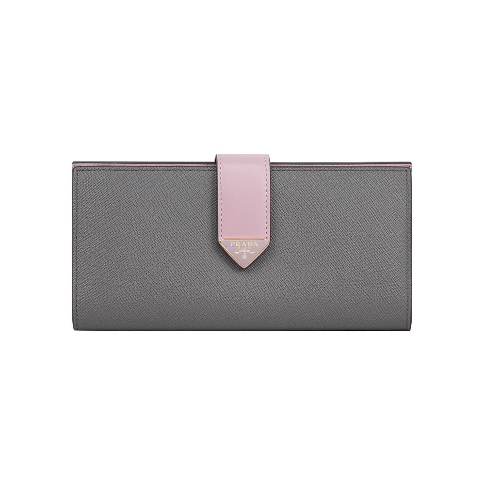 【Prada】琺瑯三角Logo 撞色二折釦式長夾(石板灰/雪花石膏粉)