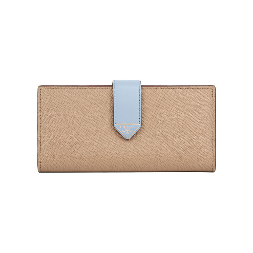 【Prada】琺瑯三角Logo 撞色二折釦式長夾(沙色/淺藍色)