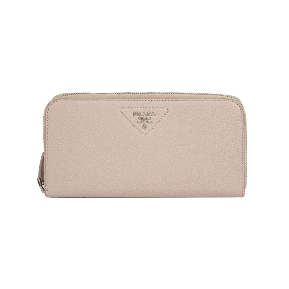【Prada】縫線三角Logo ㄇ形拉鍊長夾(荷花粉)