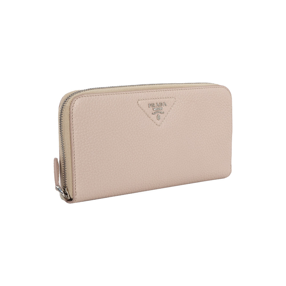 【Prada】縫線三角Logo ㄇ形拉鍊長夾(荷花粉)